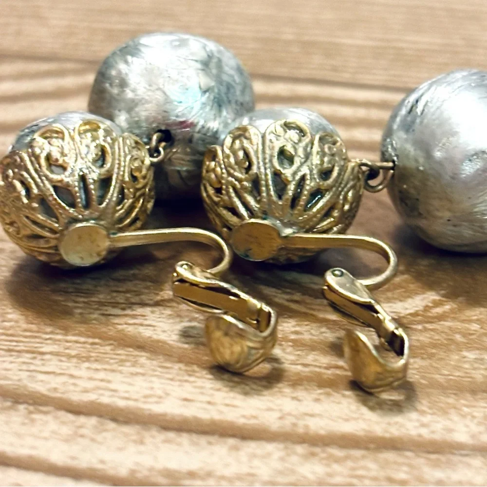 Vintage Silver and Gold Tone Ball Drop Clip-On Earrings - Picture 5 of 8